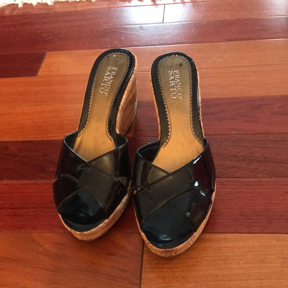 Franco Sarto Black Patent Leather Wedges